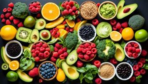 A variety of fiber-rich foods, including fruits, vegetables, whole grains, legumes, and seeds.