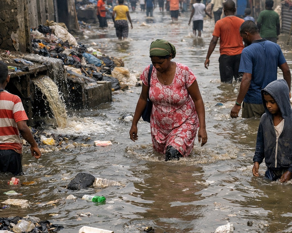 Flooding in African city street with stagnant water creating cholera transmission risk during rainy season