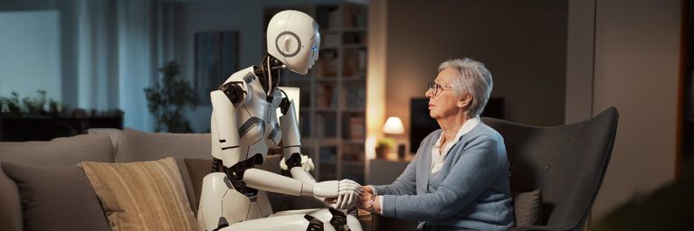 An,Elderly,Woman,Confides,Her,Psychological,Distress,To,Her,Robotic