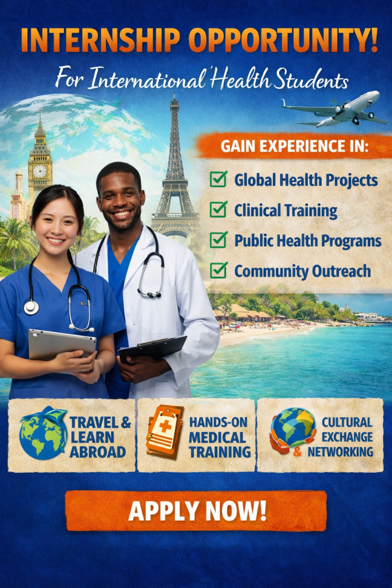 Two smiling healthcare professionals in scrubs with stethoscopes, internship details for international health students