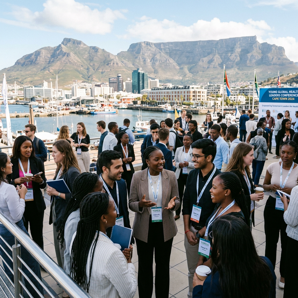Group of diverse young professionals wearing conference badges conversing on an outdoor terrace near a waterfront with mountains in the background