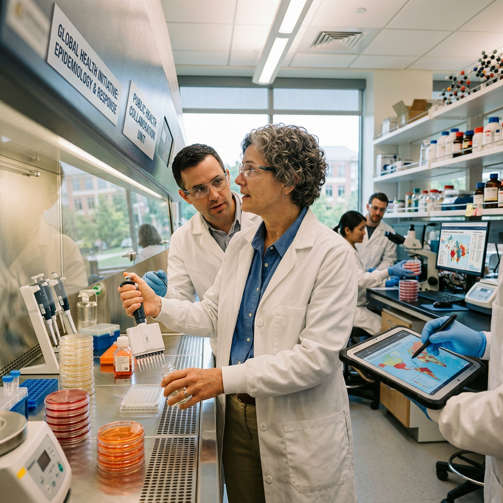 Scientist in white lab coat using pipette in laboratory with test tubes and equipment