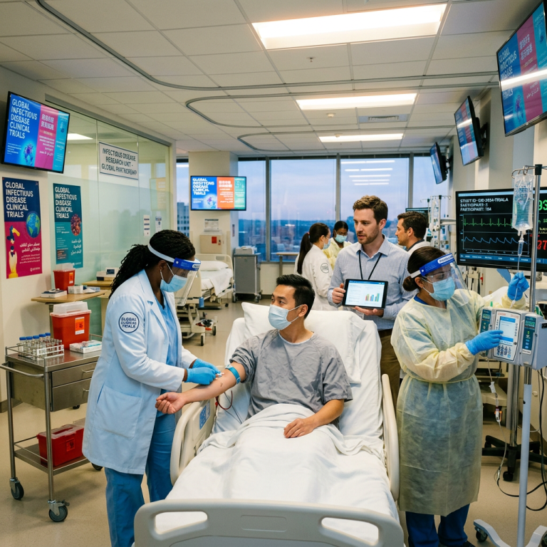 Healthcare professionals attending to a patient in a hospital bed during infectious disease clinical trials