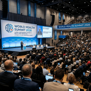 Keynote speaker presenting at the Global Health Conference in a large auditorium filled with attendees