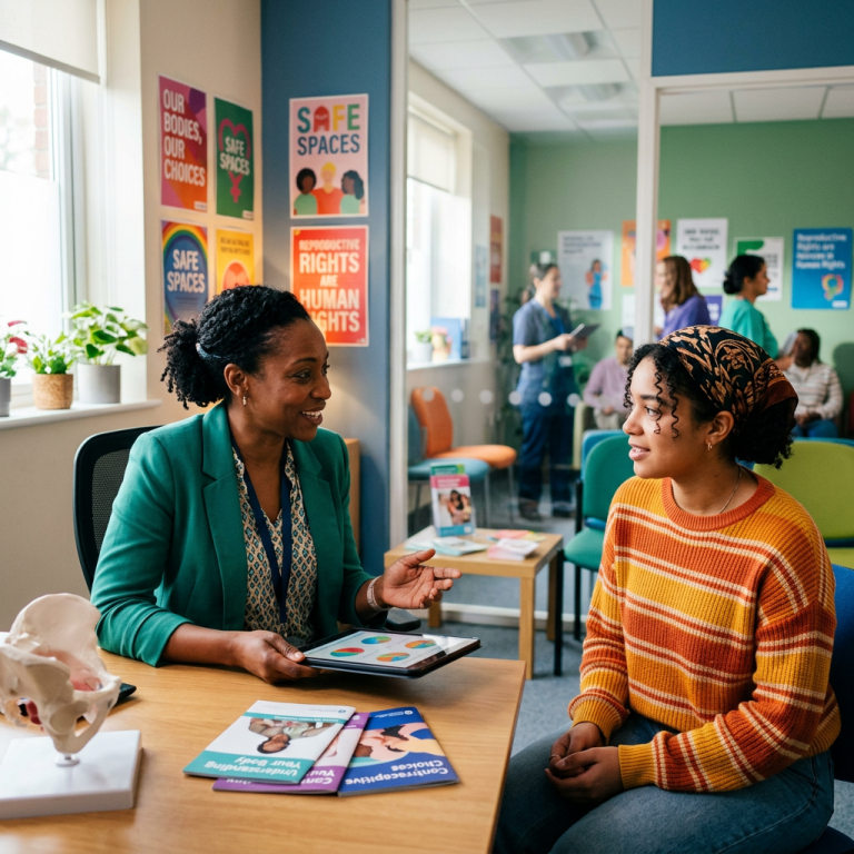 Healthcare provider showing reproductive health information to a young woman in a clinic room