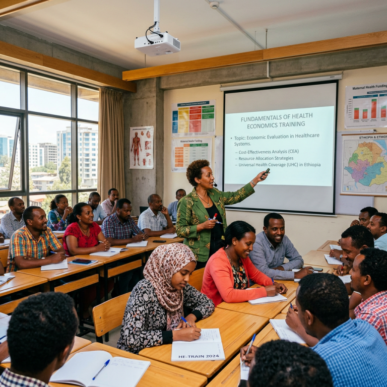 Instructor leading a health economics training session with attentive adult students in a classroom in Ethiopia