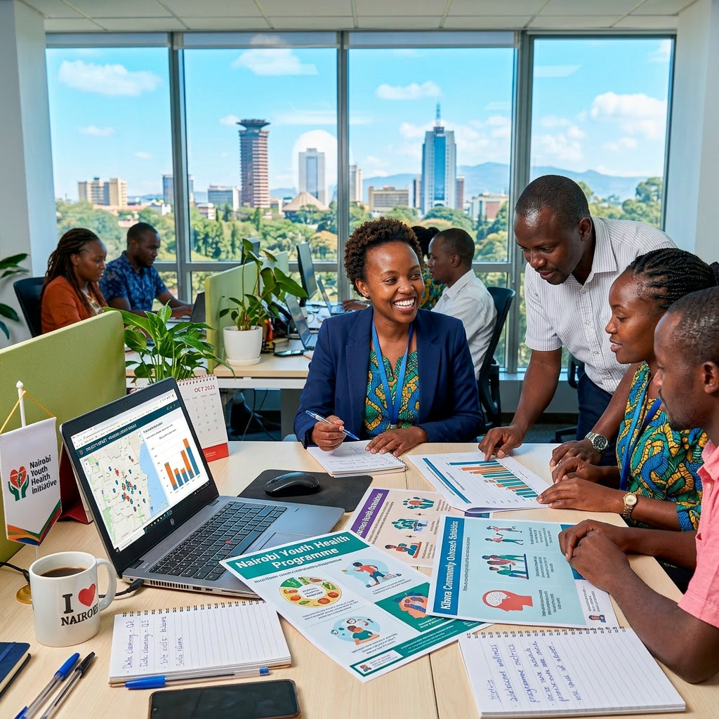 Professional woman working with charts and graphs on laptop in an office overlooking Nairobi cityscape