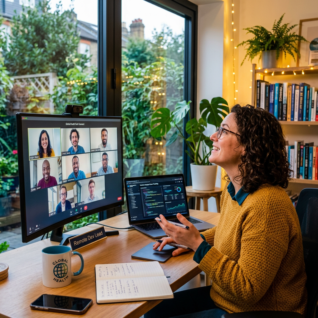 Woman in home office video conferencing with nine colleagues on a large screen