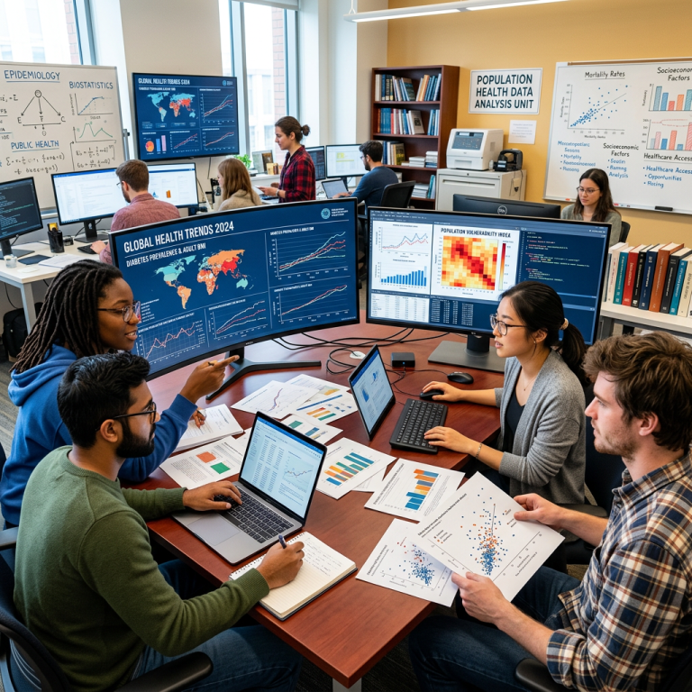 Group of researchers analyzing global health trends and data charts on computers