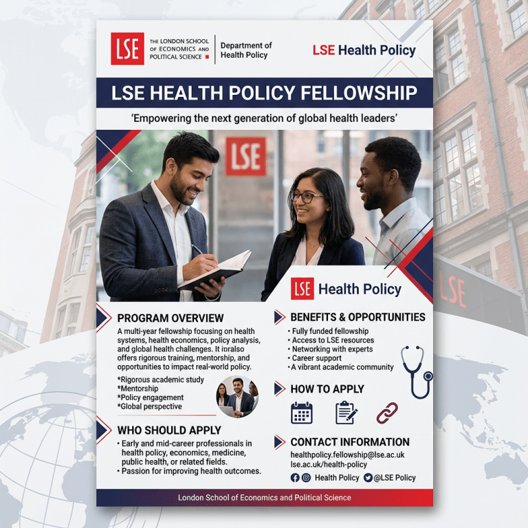LSE Health Policy Fellowship flyer with program overview, benefits, application details, and contact information