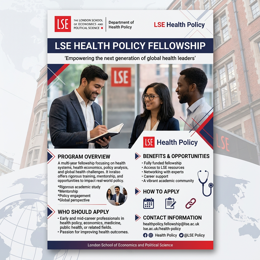 LSE Health Policy Fellowship flyer with program overview, benefits, application details, and contact information