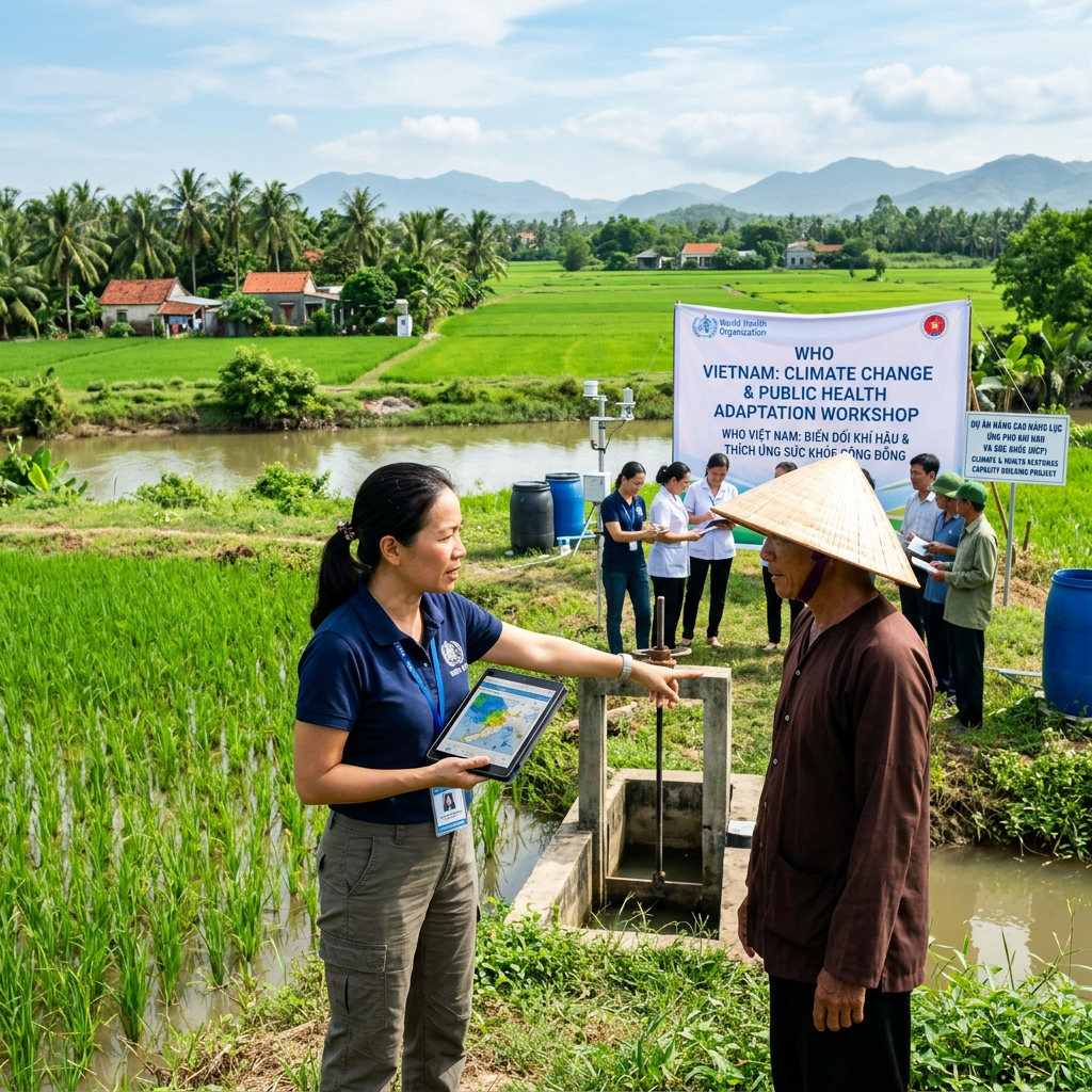 Health worker showing climate data on tablet to Vietnamese farmer at rural workshop