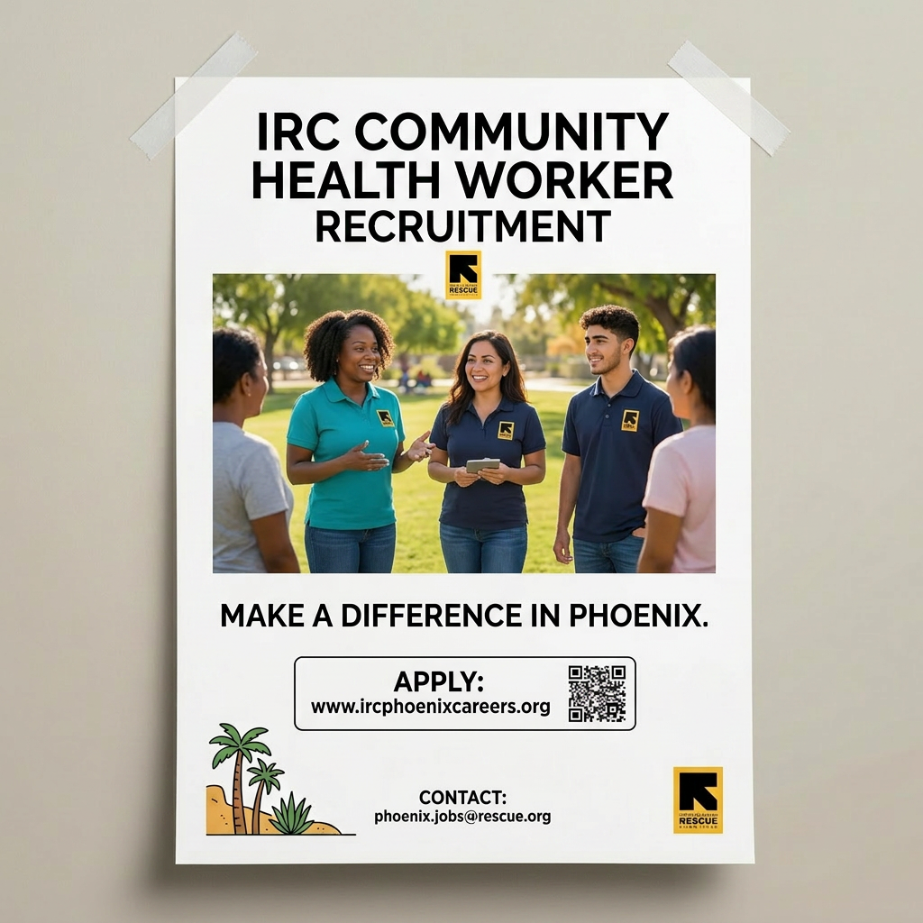 Recruitment flyer for IRC Community Health Worker position in Phoenix highlighting community support and cultural bridge roles
