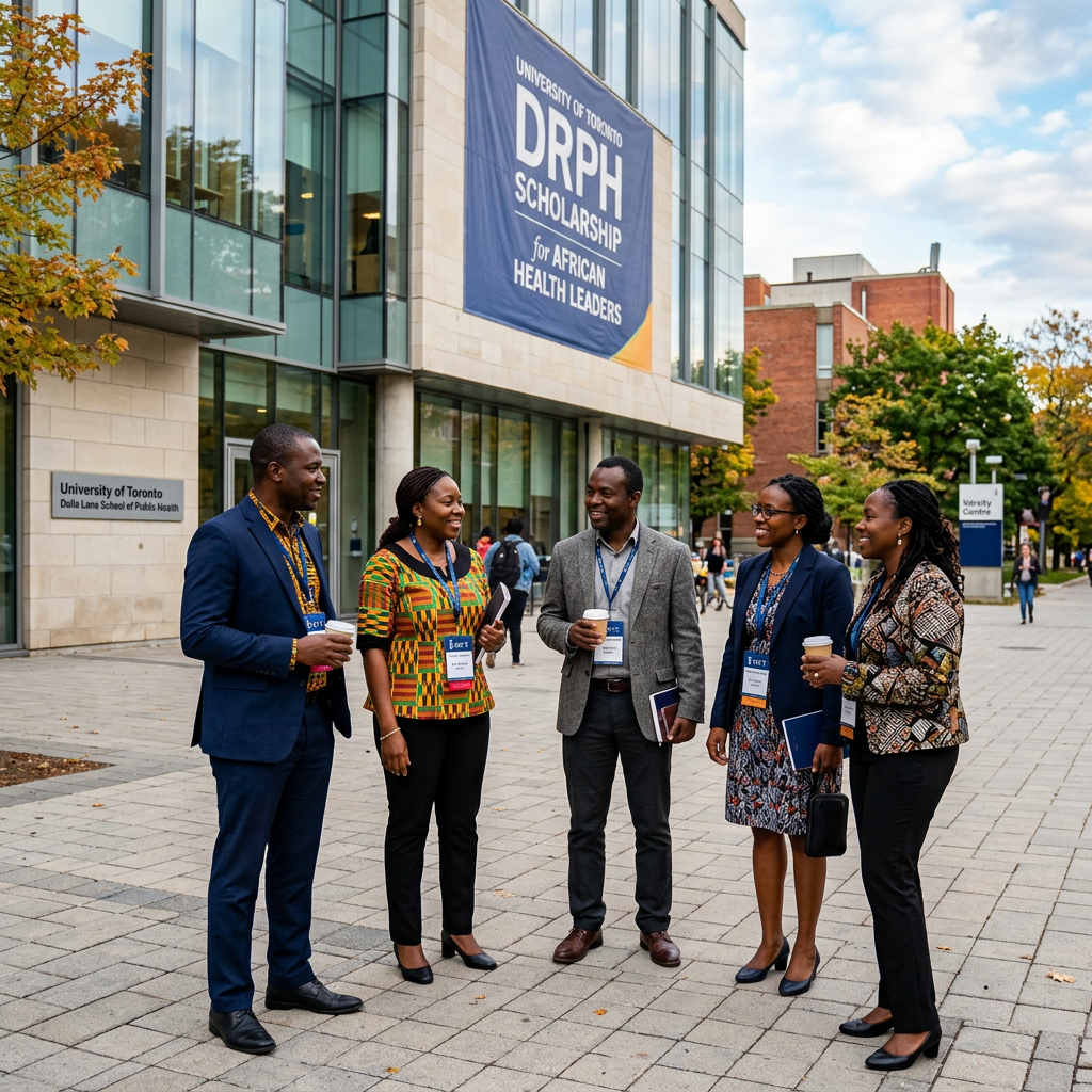 Five African health leaders stand outside University of Toronto’s Dalla Lana School of Public Health.