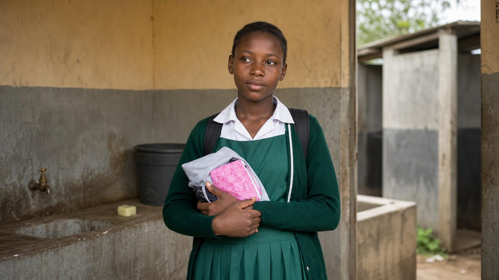 A school girl, holding a menstrual hygiene kit near a modest latrine facility.