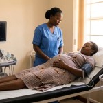Nurse with a pregnant woman in a clinic room, with a blood pressure monitor showing a high reading
