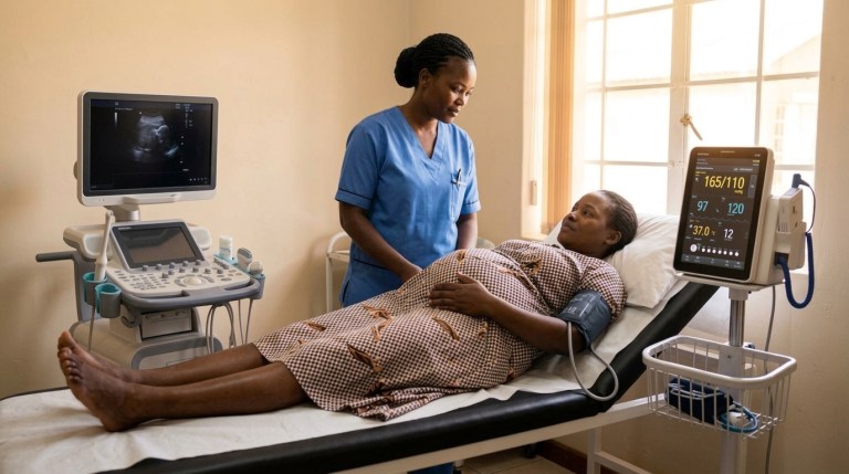 Nurse with a pregnant woman in a clinic room, with a blood pressure monitor showing a high reading