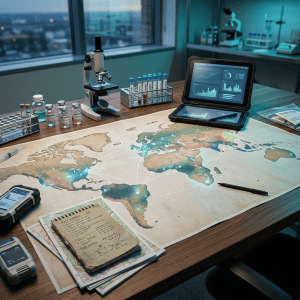 Laboratory desk with microscope, test tubes, analytics tablet, and global map